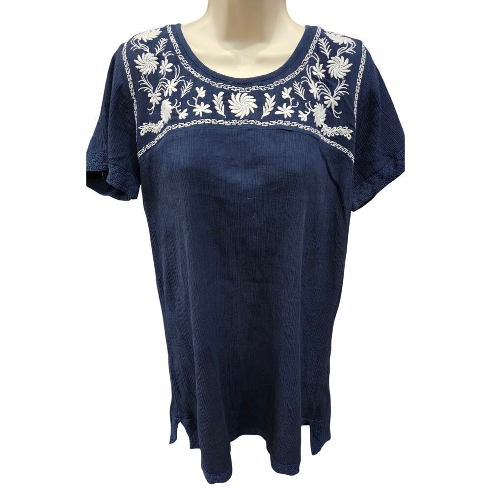 Garnet Hill Dress Tunic Cotton L navy blue embroidered boho guaze cottagecore
